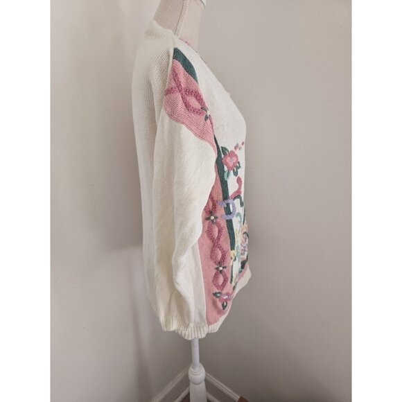 Russ Studio Floral Knit Cotton Cottagecore V-Neck Vintage 80s 90s Sweater M - Picture 5 of 11